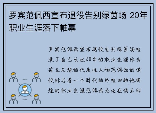 罗宾范佩西宣布退役告别绿茵场 20年职业生涯落下帷幕 罗宾范佩西宣布退役告别绿茵场 20年职业生涯落下帷幕